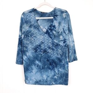 Only Nine vintage 3/4 sleeve top Y2K sequin tie dye stretch jersey fairy blue